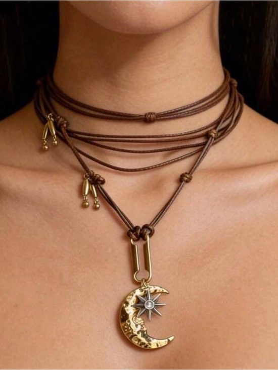 Jewelry - Brown Cord Crescent Moon & Star Necklace with Gold Pendant bohemian
